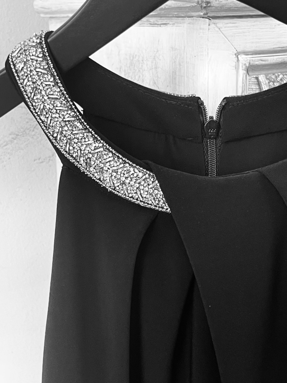 Joseph Ribkoff Black Signature Evening Dress with Jeweled Strap at Neckline New